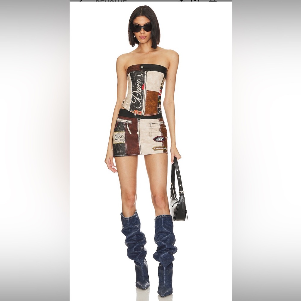 Daytona Faux leather corset top and mini skirt in brown and blue.